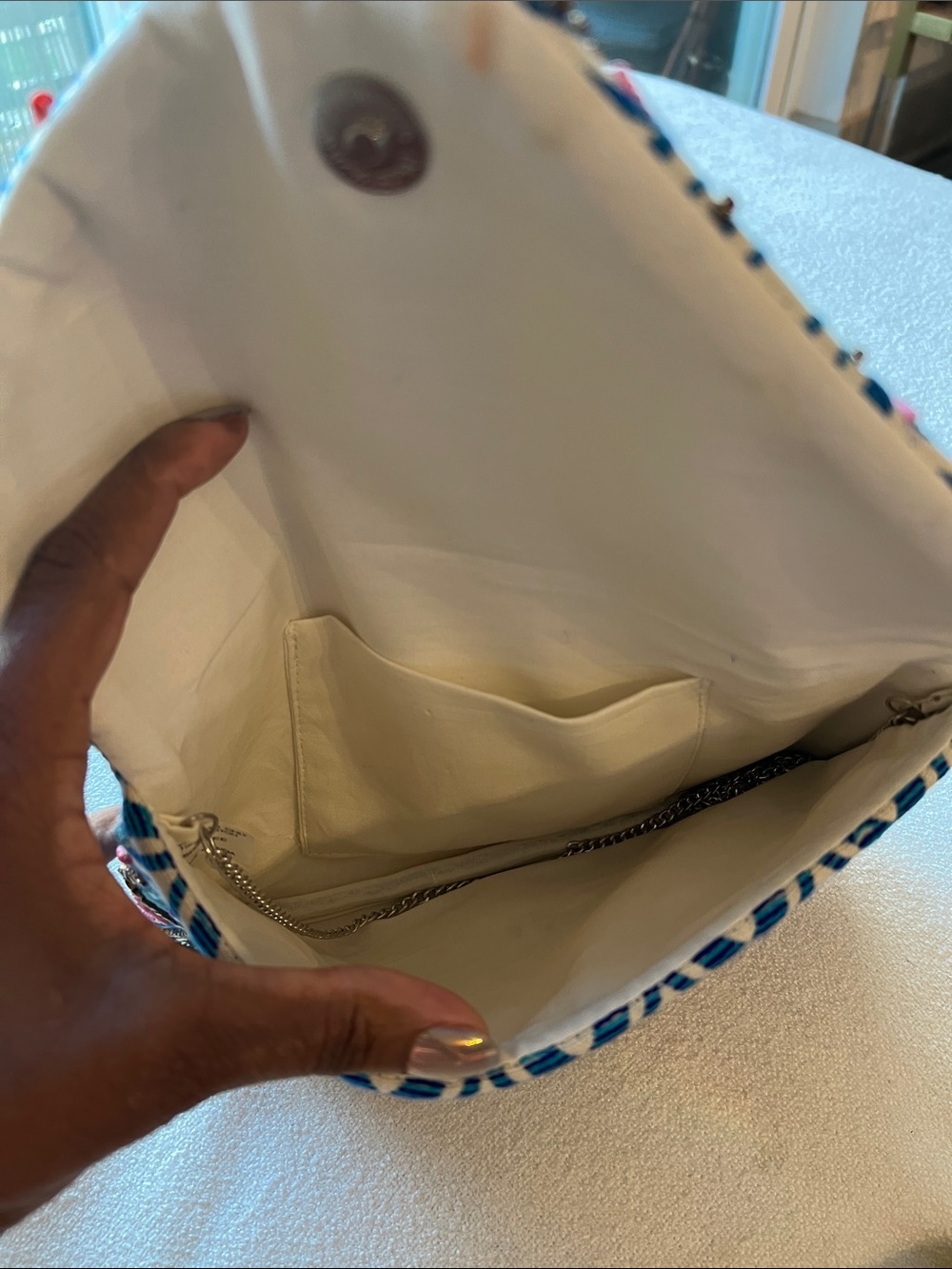 Blue Embroidered Diamond-Pattern Clutch - Picture 3 of 7